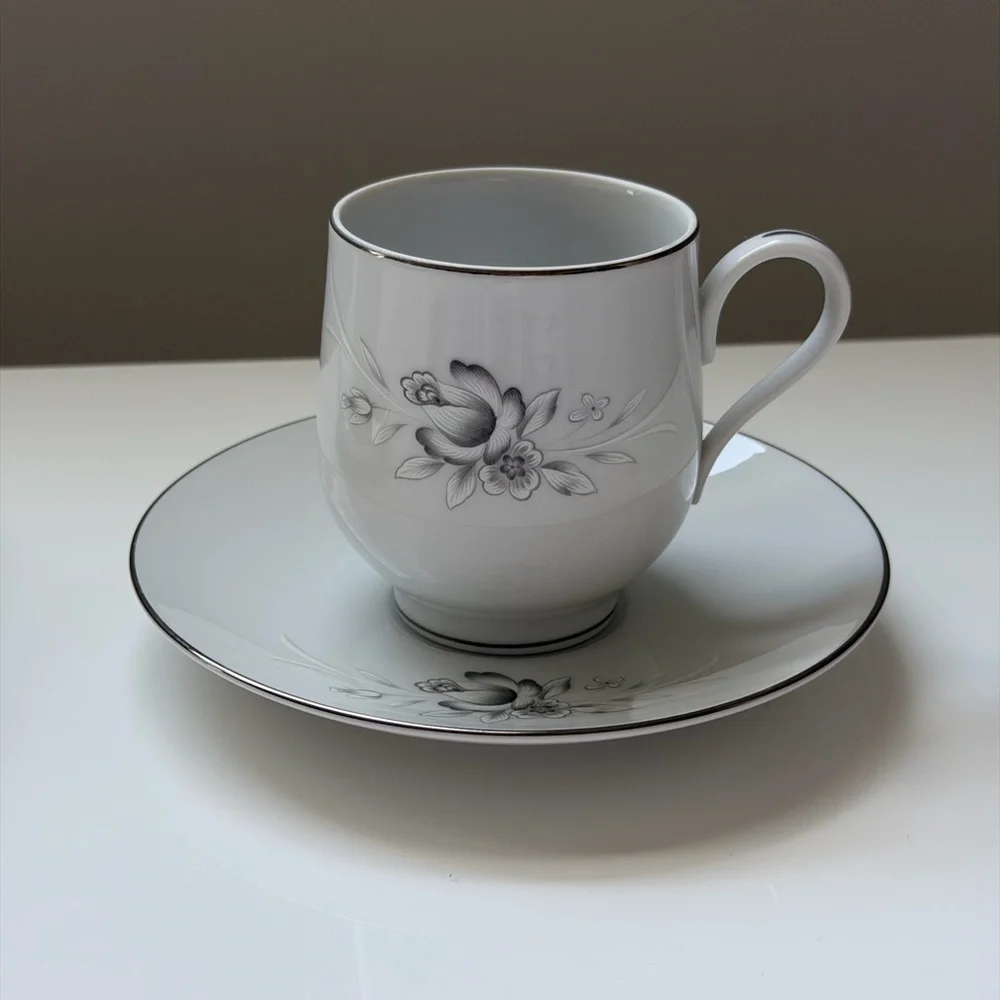 Sango Morena White Porcelain Tea Cup and Saucer Set with Floral Motif - 2 Piece